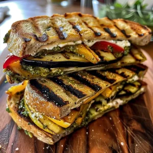['A close-up view of a Grilled Vegetable Panini with pesto, showcasing vibrant grilled veggies and melted cheese between slices of ciabatta bread.', 'Side view of a delicious Grilled Vegetable Panini with pesto, highlighting colorful vegetables and crispy bread.', 'Juicy Grilled Vegetable Panini with pesto, featuring layers of grilled zucchini, bell pepper, and eggplant peeking from the ciabatta.', 'Mouthwatering Grilled Vegetable Panini with pesto, displaying a variety of colorful vegetables and melted mozzarella.']