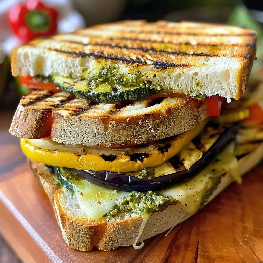 ['A close-up view of a Grilled Vegetable Panini with pesto, showcasing vibrant grilled veggies and melted cheese between slices of ciabatta bread.', 'Side view of a delicious Grilled Vegetable Panini with pesto, highlighting colorful vegetables and crispy bread.', 'Juicy Grilled Vegetable Panini with pesto, featuring layers of grilled zucchini, bell pepper, and eggplant peeking from the ciabatta.', 'Mouthwatering Grilled Vegetable Panini with pesto, displaying a variety of colorful vegetables and melted mozzarella.']