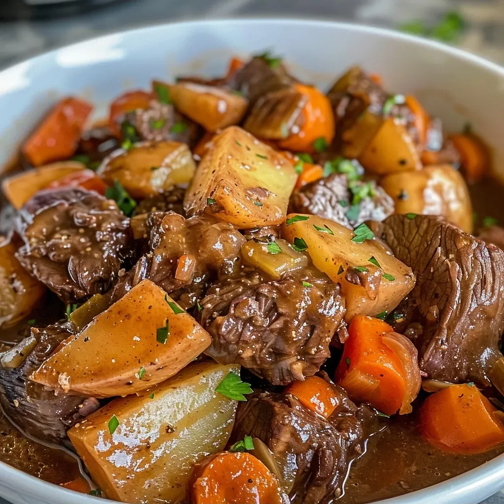 ['Close-up of a hearty bowl of Guinness Irish Stew filled with beef, vegetables, and herbs.', 'Side view of a steaming bowl of Guinness Irish Stew showcasing tender beef and vibrant vegetables.', 'Detailed image of delicious Guinness Irish Stew with chunks of beef, carrots, and potatoes.', 'Rich and flavorful Guinness Irish Stew presented in a rustic bowl, highlighting its rich ingredients.']