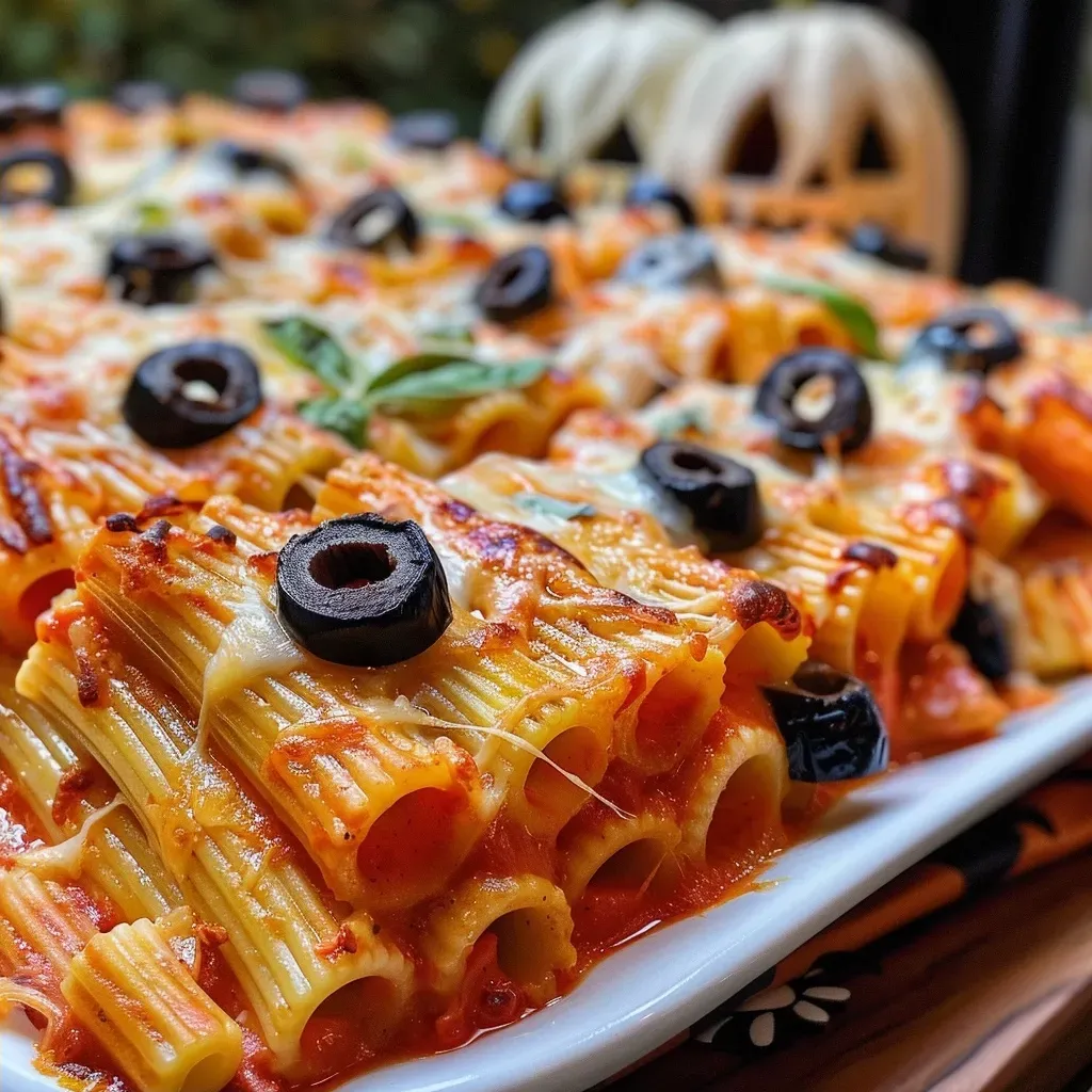 ['Close-up side view of a bowl of Halloween Baked Pasta with black olive slices.', 'Juicy Halloween Baked Pasta featuring rigatoni, mozzarella, and black olives.', 'Side view of cheesy baked pasta with a Halloween theme, decorated with olives.', 'Textural detail of Halloween Baked Pasta showcasing creamy layers and olives.']