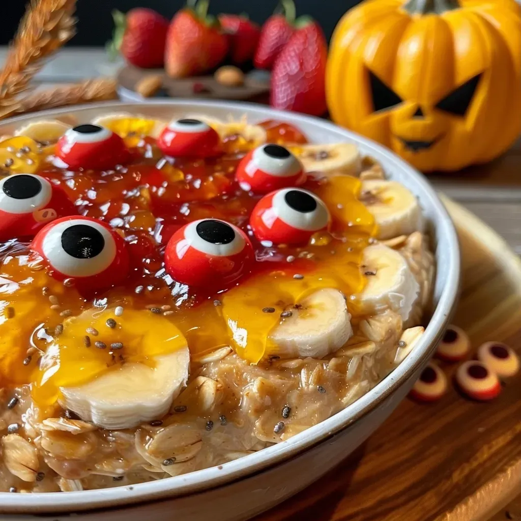 ['Close-up view of colorful blended baked oats topped with candy eyeballs.', 'Side perspective of Halloween-themed baked oats with vibrant colors and toppings.', 'Delicious baked oats featuring strawberry preserves and spooky candy eyeballs.', 'Juicy Halloween blended baked oats elegantly displayed in a bowl.']