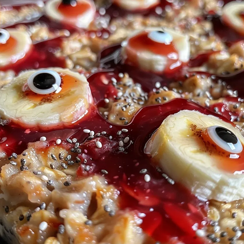 ['Close-up view of colorful blended baked oats topped with candy eyeballs.', 'Side perspective of Halloween-themed baked oats with vibrant colors and toppings.', 'Delicious baked oats featuring strawberry preserves and spooky candy eyeballs.', 'Juicy Halloween blended baked oats elegantly displayed in a bowl.']
