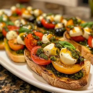 ['Close-up of a Halloween-themed bruschetta appetizer featuring mozzarella pearls and cherry tomatoes on a baguette.', 'Side view of vibrant Halloween bruschetta topped with fresh ingredients, showcasing a spooky presentation.', 'Appetizing bruschetta with black gel food coloring, cherry tomatoes, and basil pesto, perfect for Halloween gatherings.', 'Delicious Halloween bruschetta appetizer styled with fresh basil and a colorful presentation on a wooden board.']