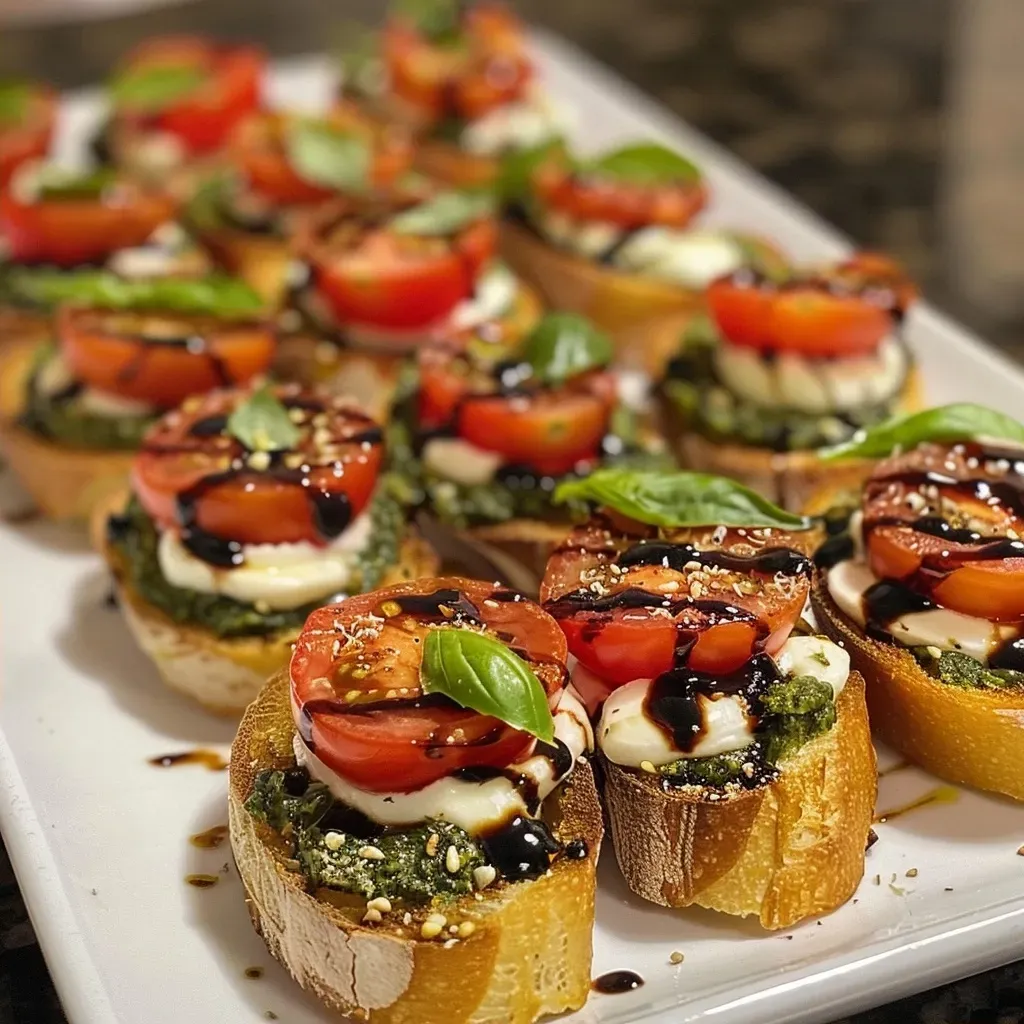['Close-up of a Halloween-themed bruschetta appetizer featuring mozzarella pearls and cherry tomatoes on a baguette.', 'Side view of vibrant Halloween bruschetta topped with fresh ingredients, showcasing a spooky presentation.', 'Appetizing bruschetta with black gel food coloring, cherry tomatoes, and basil pesto, perfect for Halloween gatherings.', 'Delicious Halloween bruschetta appetizer styled with fresh basil and a colorful presentation on a wooden board.']