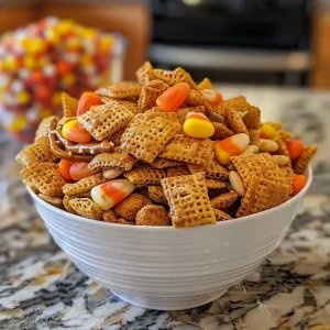 ['Close-up view of Halloween Chex Mix with colorful candy and pretzels.', 'A vibrant assortment of Halloween Chex Mix featuring candies and cereals.', 'Side view of a bowl filled with festive Halloween Chex Mix ingredients.', 'Delicious Halloween-themed Chex Mix with buttery pretzels and candy pieces.']