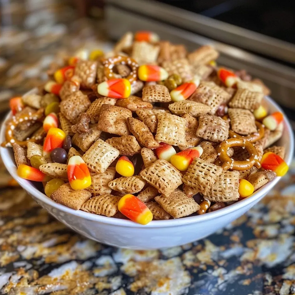 ['Close-up view of Halloween Chex Mix with colorful candy and pretzels.', 'A vibrant assortment of Halloween Chex Mix featuring candies and cereals.', 'Side view of a bowl filled with festive Halloween Chex Mix ingredients.', 'Delicious Halloween-themed Chex Mix with buttery pretzels and candy pieces.']
