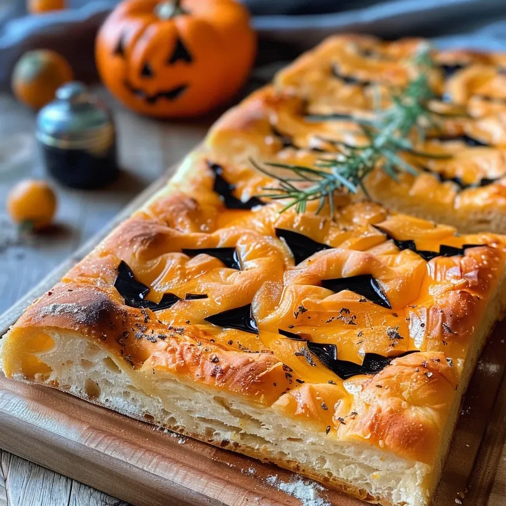 ['Close-up shot of Halloween-themed focaccia with bat shapes and olives.', 'Detailed view of Halloween focaccia featuring black olives and rosemary.', 'Side view of a decorated focaccia bread, styled for Halloween with bats.', 'Juicy focaccia adorned with Halloween decorations, including bats and spices.']