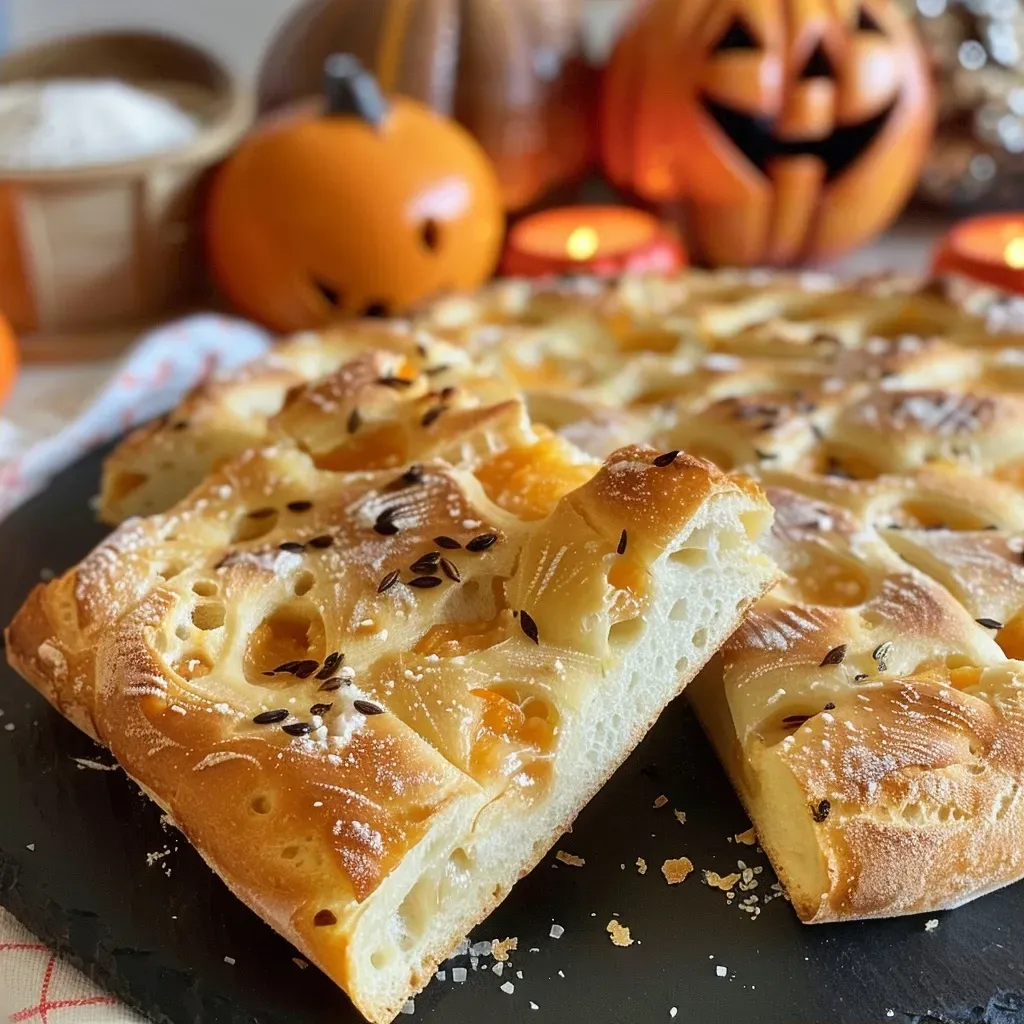 ['Close-up shot of Halloween-themed focaccia with bat shapes and olives.', 'Detailed view of Halloween focaccia featuring black olives and rosemary.', 'Side view of a decorated focaccia bread, styled for Halloween with bats.', 'Juicy focaccia adorned with Halloween decorations, including bats and spices.']