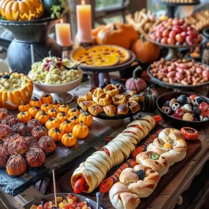 ['Close-up of a colorful Halloween food display featuring themed snacks and treats.', 'Side view of a festive spread featuring mummy hot dogs, jack-o’-lantern peppers, and cupcakes.', 'Halloween-themed food display showcasing various spooky snacks and decorative elements.', 'Juicy and delicious Halloween treats arranged on rustic wooden boards with decorative accents.']