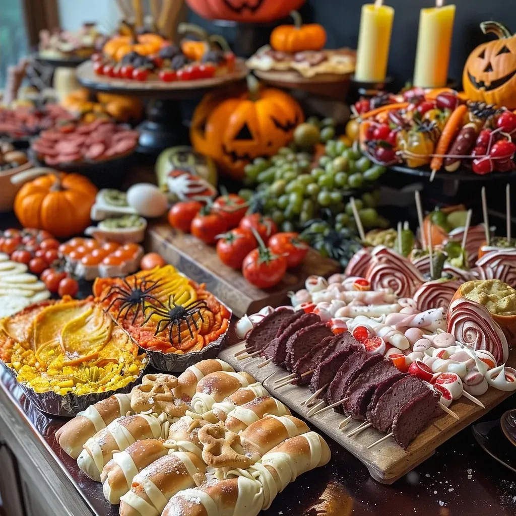 ['Close-up of a colorful Halloween food display featuring themed snacks and treats.', 'Side view of a festive spread featuring mummy hot dogs, jack-o’-lantern peppers, and cupcakes.', 'Halloween-themed food display showcasing various spooky snacks and decorative elements.', 'Juicy and delicious Halloween treats arranged on rustic wooden boards with decorative accents.']