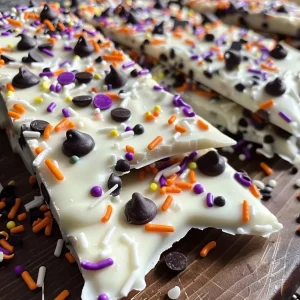 ['Close-up view of Halloween Ghost Bark made with chocolate and sprinkles.', 'Side view of colorful Ghost Bark featuring chocolate layers and festive sprinkles.', 'A slice of Halloween Ghost Bark showcasing a mix of chocolate and candy decorations.', 'Detailed look at a Halloween treat with semi-sweet and white chocolate topped with sprinkles.']