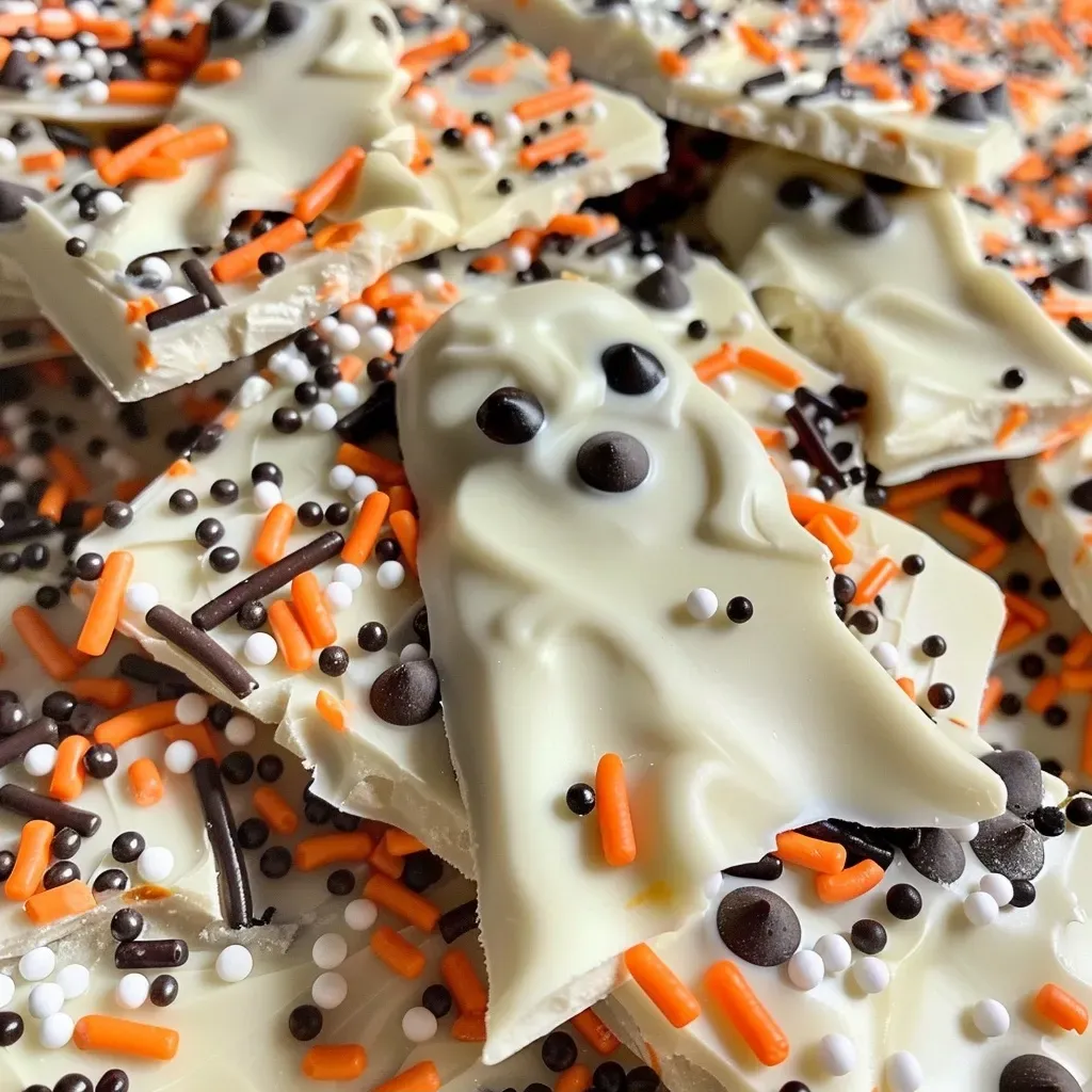['Close-up view of Halloween Ghost Bark made with chocolate and sprinkles.', 'Side view of colorful Ghost Bark featuring chocolate layers and festive sprinkles.', 'A slice of Halloween Ghost Bark showcasing a mix of chocolate and candy decorations.', 'Detailed look at a Halloween treat with semi-sweet and white chocolate topped with sprinkles.']
