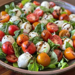 ['Close-up of a vibrant Halloween salad featuring mozzarella balls, cherry tomatoes, and mixed greens.', 'Side view of a colorful Halloween-themed salad with fresh ingredients and garnishes.', 'Detailed shot of a Halloween salad with mozzarella, greens, and basil, drizzled with olive oil.', 'Artistic view of a salad containing mozzarella and cherry tomatoes, set against a festive backdrop.']
