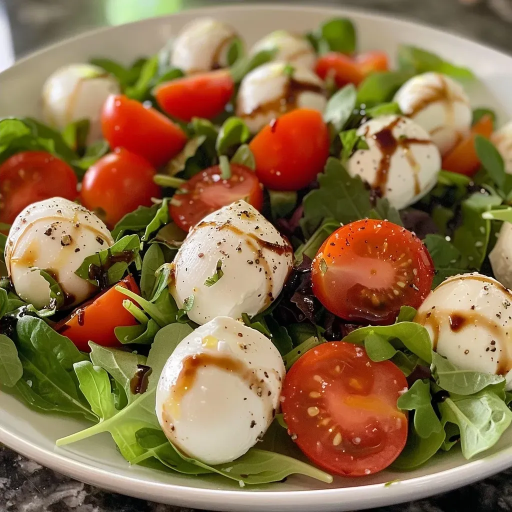 ['Close-up of a vibrant Halloween salad featuring mozzarella balls, cherry tomatoes, and mixed greens.', 'Side view of a colorful Halloween-themed salad with fresh ingredients and garnishes.', 'Detailed shot of a Halloween salad with mozzarella, greens, and basil, drizzled with olive oil.', 'Artistic view of a salad containing mozzarella and cherry tomatoes, set against a festive backdrop.']