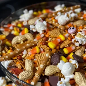 ['Close-up view of colorful Halloween snack mix with popcorn, pretzels, and candy.', "Side view of a vibrant Halloween snack mix featuring Reese's Pieces and candy corn.", 'An assortment of Halloween-themed snacks including popcorn, pretzel sticks, and sprinkles.', 'Detailed close-up of a spooky snack mix with edible eyeballs and white chocolate drizzle.']