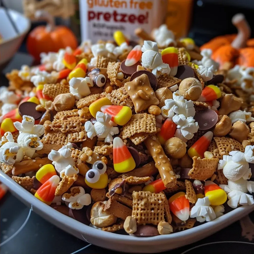['Close-up view of colorful Halloween snack mix with popcorn, pretzels, and candy.', 