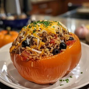 ['Juicy stuffed bell peppers filled with ground meat and rice, ready for Halloween.', 'Close-up view of Halloween-themed stuffed peppers with a colorful filling.', 'Halloween Stuffed Peppers displayed on a plate, showcasing their vibrant colors.', 'A side view of large stuffed peppers filled with savory ingredients.']