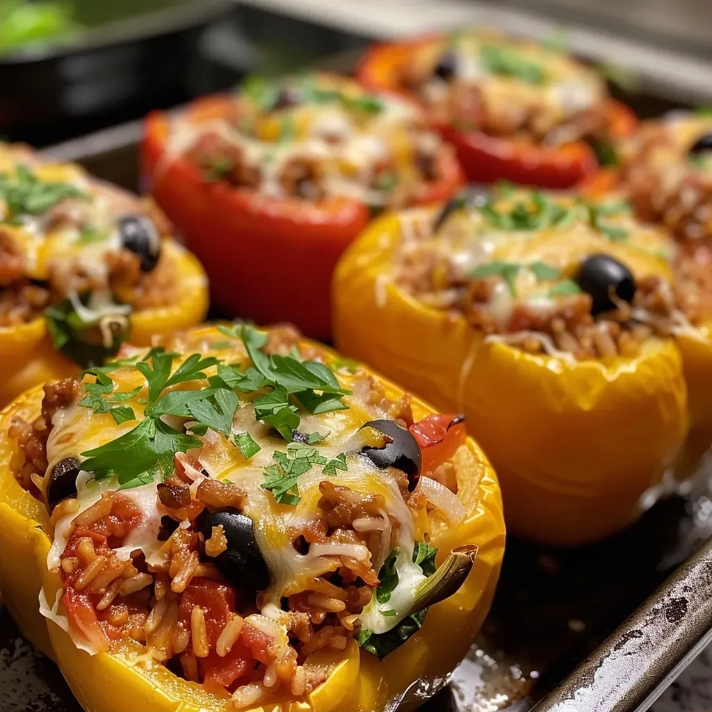 ['Juicy stuffed bell peppers filled with ground meat and rice, ready for Halloween.', 'Close-up view of Halloween-themed stuffed peppers with a colorful filling.', 'Halloween Stuffed Peppers displayed on a plate, showcasing their vibrant colors.', 'A side view of large stuffed peppers filled with savory ingredients.']