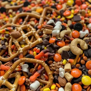 ['Close-up view of a colorful Halloween trail mix featuring various snacks in a bowl.', 'Side view of a vibrant Halloween-themed trail mix with pretzels, candies, and nuts.', 'Detailed shot of Halloween trail mix ingredients including popcorn, chocolate, and gummy candies.', 'Textured close-up of a festive trail mix filled with seasonal treats and colorful sweets.']