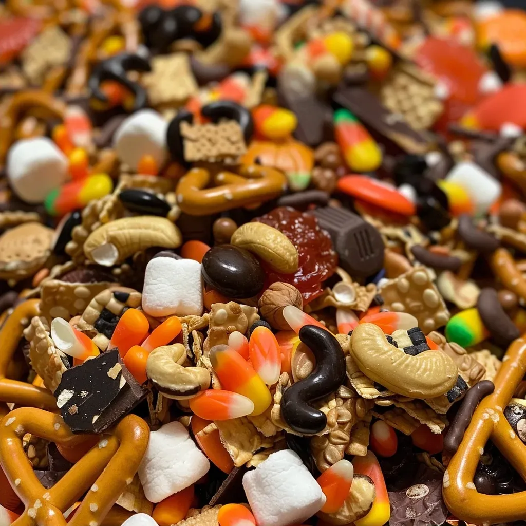 ['Close-up view of a colorful Halloween trail mix featuring various snacks in a bowl.', 'Side view of a vibrant Halloween-themed trail mix with pretzels, candies, and nuts.', 'Detailed shot of Halloween trail mix ingredients including popcorn, chocolate, and gummy candies.', 'Textured close-up of a festive trail mix filled with seasonal treats and colorful sweets.']