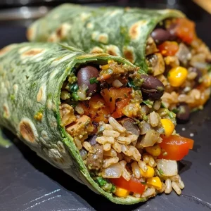 ['Close-up view of Halloween Zombie Burritos on a spinach wrap, showcasing colorful ingredients.', 'A side view of vivid Zombie Burritos filled with black beans and grilled veggies on a spinach tortilla.', 'Juicy Halloween-themed burrito wrapped in spinach, displaying layers of black beans and cheese.', 'Spinach wrap burrito featuring a variety of toppings, emphasizing Halloween cuisine aesthetics.']