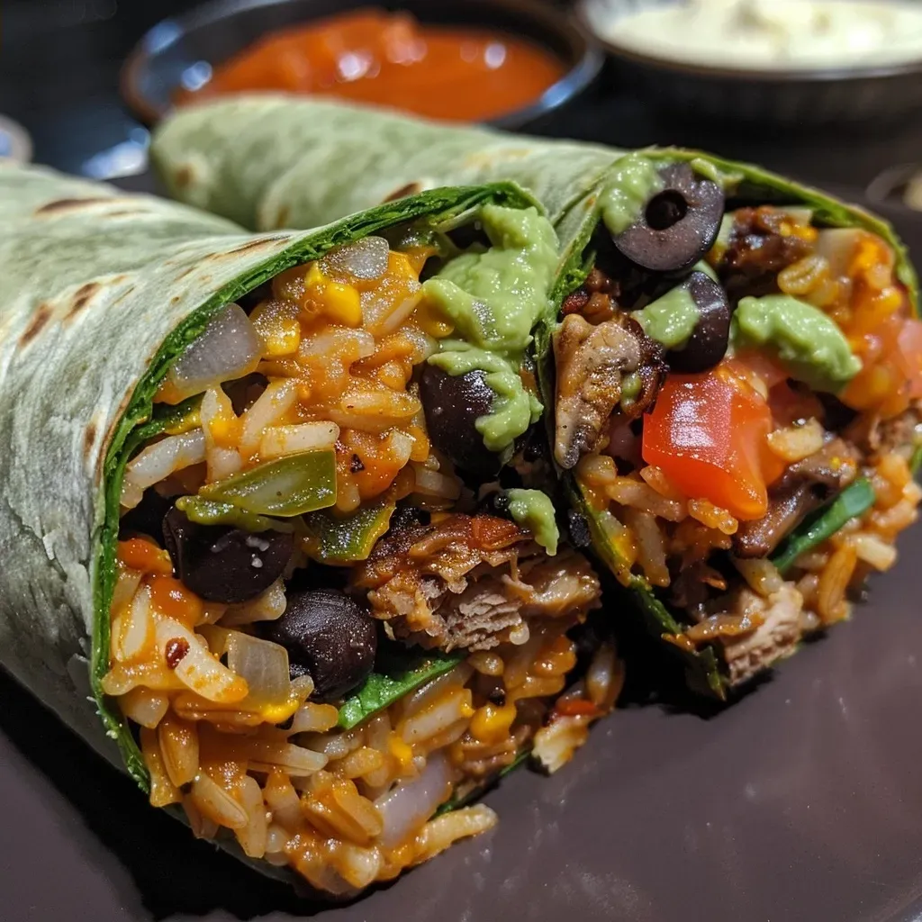 ['Close-up view of Halloween Zombie Burritos on a spinach wrap, showcasing colorful ingredients.', 'A side view of vivid Zombie Burritos filled with black beans and grilled veggies on a spinach tortilla.', 'Juicy Halloween-themed burrito wrapped in spinach, displaying layers of black beans and cheese.', 'Spinach wrap burrito featuring a variety of toppings, emphasizing Halloween cuisine aesthetics.']