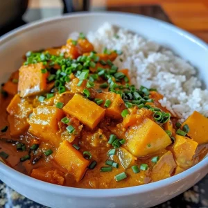 ['Close-up view of a bowl of Harvest Moon Curry, showcasing vibrant vegetables and a creamy texture.', 'Side angle of Harvest Moon Curry with colorful diced vegetables and coconut milk swirls.', 'Detailed shot of Harvest Moon Curry, highlighting butternut squash and sweet potatoes in a savory sauce.', 'Close-up of a steaming bowl of Harvest Moon Curry with garnished chives and rich colors.']