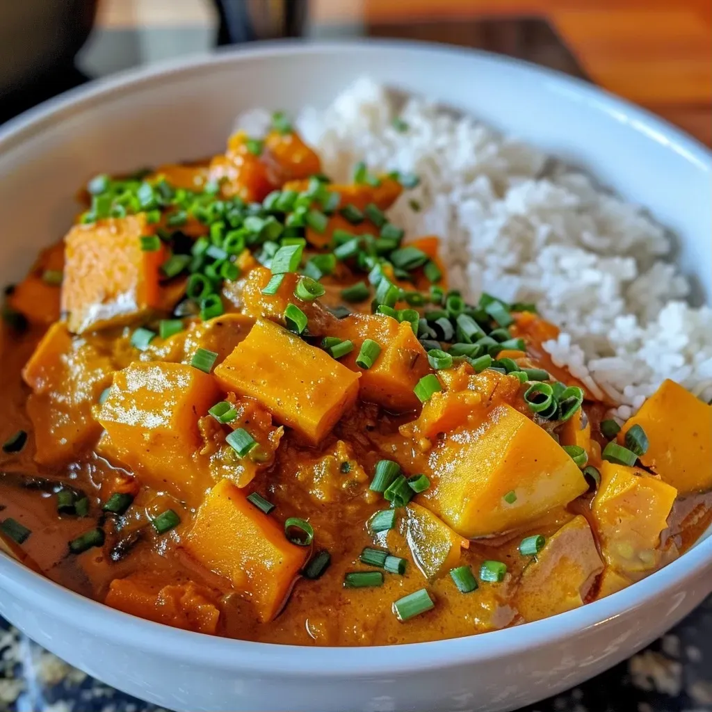 ['Close-up view of a bowl of Harvest Moon Curry, showcasing vibrant vegetables and a creamy texture.', 'Side angle of Harvest Moon Curry with colorful diced vegetables and coconut milk swirls.', 'Detailed shot of Harvest Moon Curry, highlighting butternut squash and sweet potatoes in a savory sauce.', 'Close-up of a steaming bowl of Harvest Moon Curry with garnished chives and rich colors.']