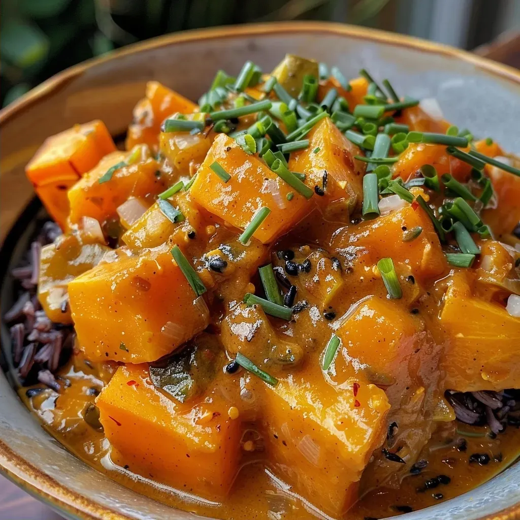 ['Close-up view of a bowl of Harvest Moon Curry, showcasing vibrant vegetables and a creamy texture.', 'Side angle of Harvest Moon Curry with colorful diced vegetables and coconut milk swirls.', 'Detailed shot of Harvest Moon Curry, highlighting butternut squash and sweet potatoes in a savory sauce.', 'Close-up of a steaming bowl of Harvest Moon Curry with garnished chives and rich colors.']