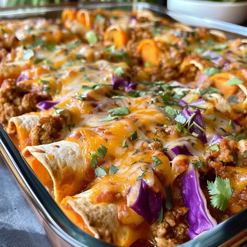 ['Close-up of Harvest Turkey Enchiladas topped with green cilantro and cheese.', 'Side view of Turkey Enchiladas drizzled with pumpkin enchilada sauce.', 'Juicy Harvest Turkey Enchiladas with colorful vegetables and sauce.', 'Plate of enchiladas featuring ground turkey, sweet potato, and vibrant toppings.']
