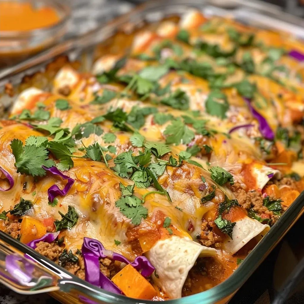 ['Close-up of Harvest Turkey Enchiladas topped with green cilantro and cheese.', 'Side view of Turkey Enchiladas drizzled with pumpkin enchilada sauce.', 'Juicy Harvest Turkey Enchiladas with colorful vegetables and sauce.', 'Plate of enchiladas featuring ground turkey, sweet potato, and vibrant toppings.']
