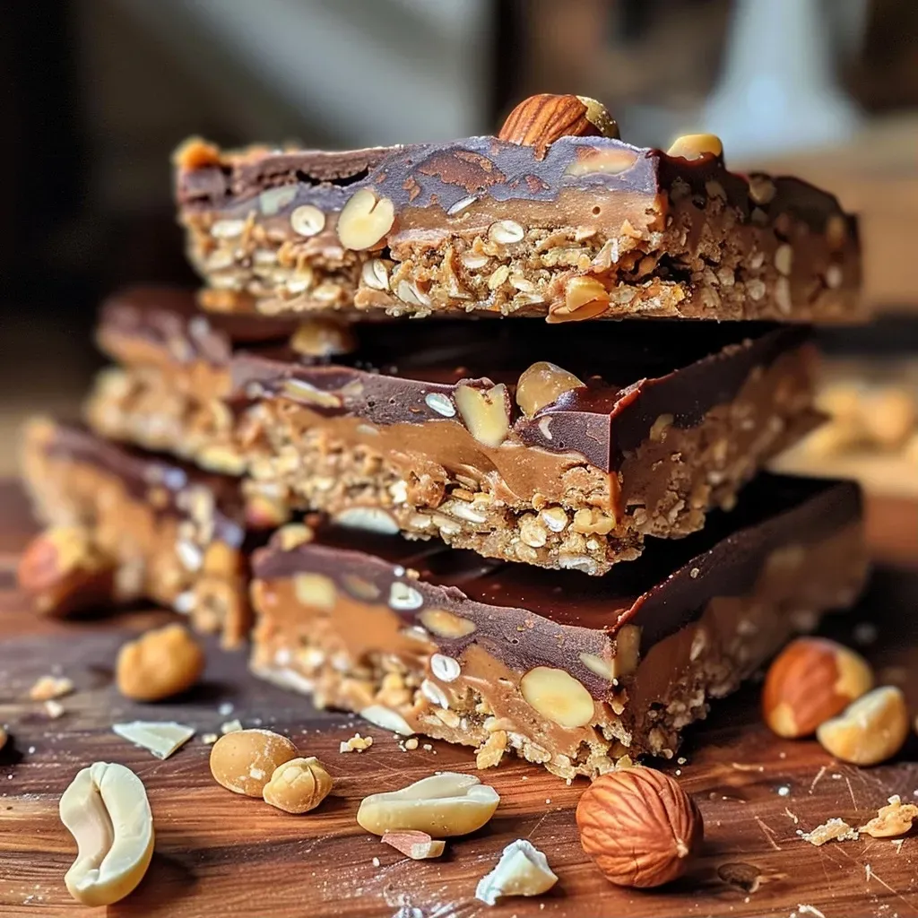 ['Close-up side view of hazelnut chocolate protein bars on a wooden surface.', 'Juicy and delicious hazelnut chocolate protein bars with a rich chocolate coating.', 'A plate of protein bars featuring hazelnuts and chocolate, highlighting the ingredients.', 'Side view of freshly made hazelnut chocolate protein bars with visible chunks of hazelnuts.']