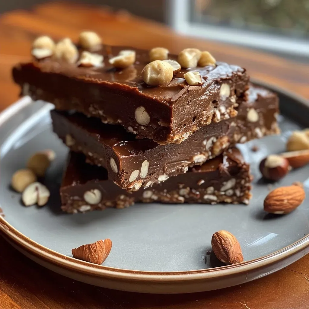 ['Close-up side view of hazelnut chocolate protein bars on a wooden surface.', 'Juicy and delicious hazelnut chocolate protein bars with a rich chocolate coating.', 'A plate of protein bars featuring hazelnuts and chocolate, highlighting the ingredients.', 'Side view of freshly made hazelnut chocolate protein bars with visible chunks of hazelnuts.']