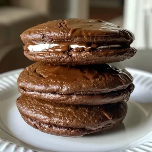 ['Close-up view of a healthier chocolate whoopie pie with a creamy filling.', 'Side angle of two moist chocolate whoopie pies stacked with rich ricotta filling.', 'Delicious healthier chocolate whoopie pies showcasing a smooth cream filling.', 'Juicy chocolate whoopie pie with visible layers and glossy surface.']