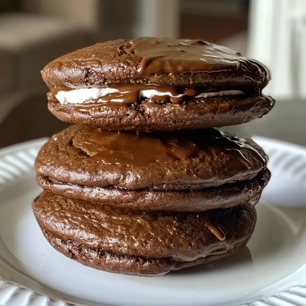 ['Close-up view of a healthier chocolate whoopie pie with a creamy filling.', 'Side angle of two moist chocolate whoopie pies stacked with rich ricotta filling.', 'Delicious healthier chocolate whoopie pies showcasing a smooth cream filling.', 'Juicy chocolate whoopie pie with visible layers and glossy surface.']