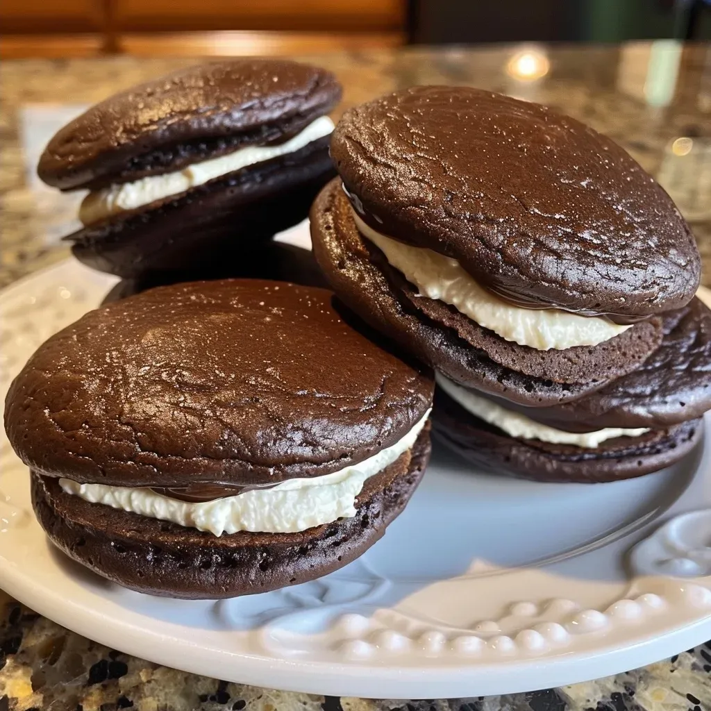 ['Close-up view of a healthier chocolate whoopie pie with a creamy filling.', 'Side angle of two moist chocolate whoopie pies stacked with rich ricotta filling.', 'Delicious healthier chocolate whoopie pies showcasing a smooth cream filling.', 'Juicy chocolate whoopie pie with visible layers and glossy surface.']
