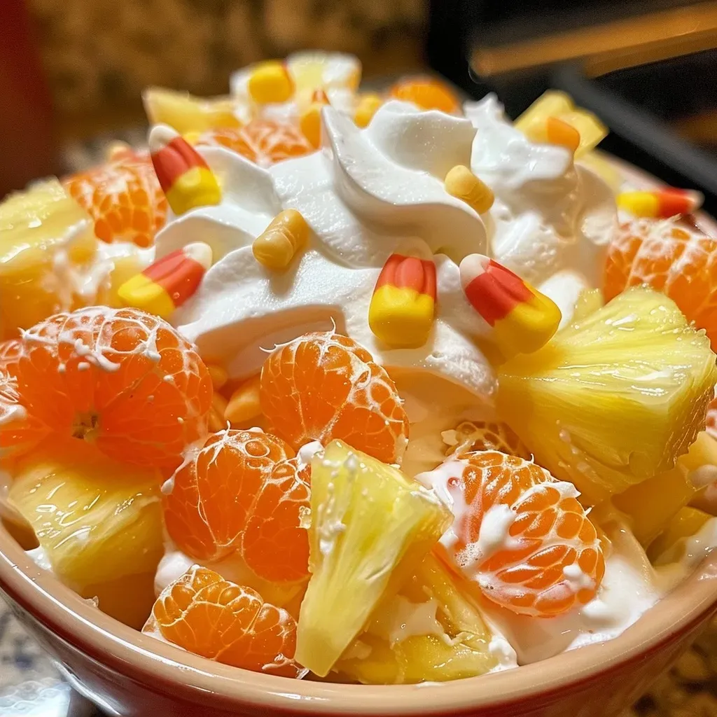 ['Close-up view of a vibrant healthy candy corn snack featuring pineapple and mandarin oranges.', 'Side angle of a colorful bowl filled with pineapple, mandarin oranges, and candy corn.', 'Juicy fruit salad made with pineapple and mandarin oranges, topped with candy corn.', 'Healthy candy corn snack arranged with chunks of pineapple and mandarin oranges, garnished with candy corn.']