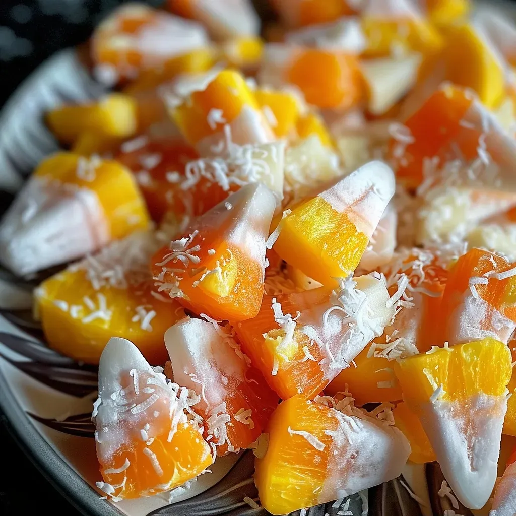 ['Close-up view of vibrant Healthy Candy Corn made from tangerines and pineapple.', 'Side view of a colorful Healthy Candy Corn dessert, showcasing fresh fruit and coconut whipped cream.', 'Textured image of Healthy Candy Corn with chunks of tangerines and pineapple, topped with whipped cream.', 'Artistic presentation of Healthy Candy Corn, highlighting juicy fruits and optional shredded coconut.']