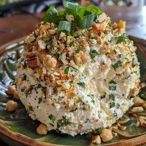 ['Close-up view of a healthy cheese ball garnished with chopped green onions and pecans.', 'A deliciously presented cheese ball, showcasing a mix of herbs, cheese, and nuts.', 'Side view of a creamy cheese ball adorned with everything bagel seasoning and fresh vegetables.', 'A vibrant cheese ball made from herbs and beans, set against a simple background.']