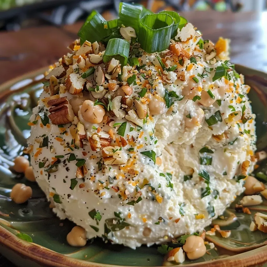 ['Close-up view of a healthy cheese ball garnished with chopped green onions and pecans.', 'A deliciously presented cheese ball, showcasing a mix of herbs, cheese, and nuts.', 'Side view of a creamy cheese ball adorned with everything bagel seasoning and fresh vegetables.', 'A vibrant cheese ball made from herbs and beans, set against a simple background.']
