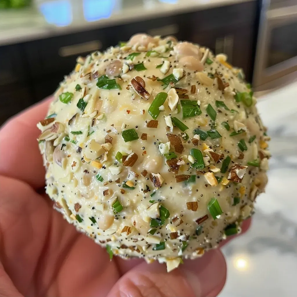 ['Close-up view of a healthy cheese ball garnished with chopped green onions and pecans.', 'A deliciously presented cheese ball, showcasing a mix of herbs, cheese, and nuts.', 'Side view of a creamy cheese ball adorned with everything bagel seasoning and fresh vegetables.', 'A vibrant cheese ball made from herbs and beans, set against a simple background.']