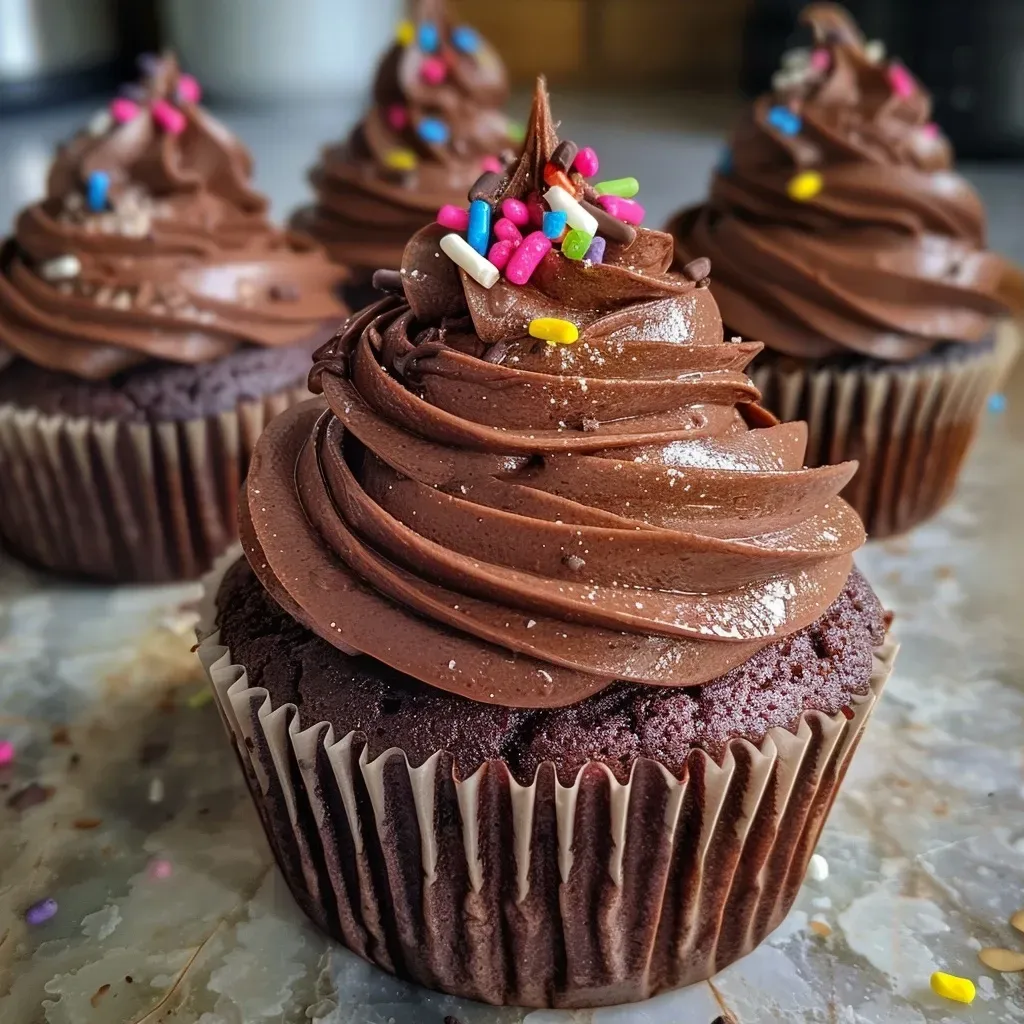 ['Close-up view of healthy chocolate cupcakes decorated with rich frosting.', 'A side angle of delicious chocolate cupcakes topped with a glossy icing.', 'Juicy and moist chocolate cupcakes arranged on a rustic wooden table.', 'A tempting side shot of healthy chocolate cupcakes showcasing their texture.']