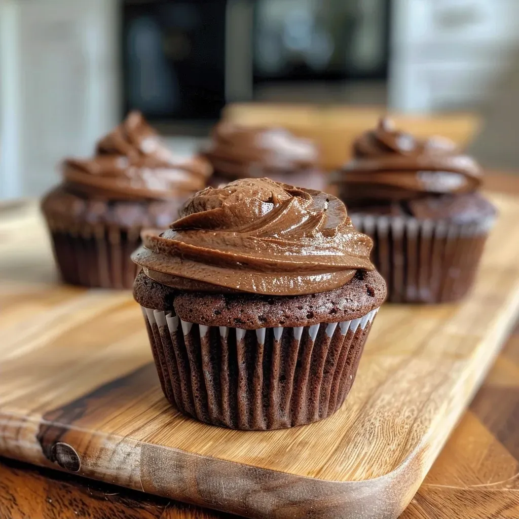 ['Close-up view of healthy chocolate cupcakes decorated with rich frosting.', 'A side angle of delicious chocolate cupcakes topped with a glossy icing.', 'Juicy and moist chocolate cupcakes arranged on a rustic wooden table.', 'A tempting side shot of healthy chocolate cupcakes showcasing their texture.']
