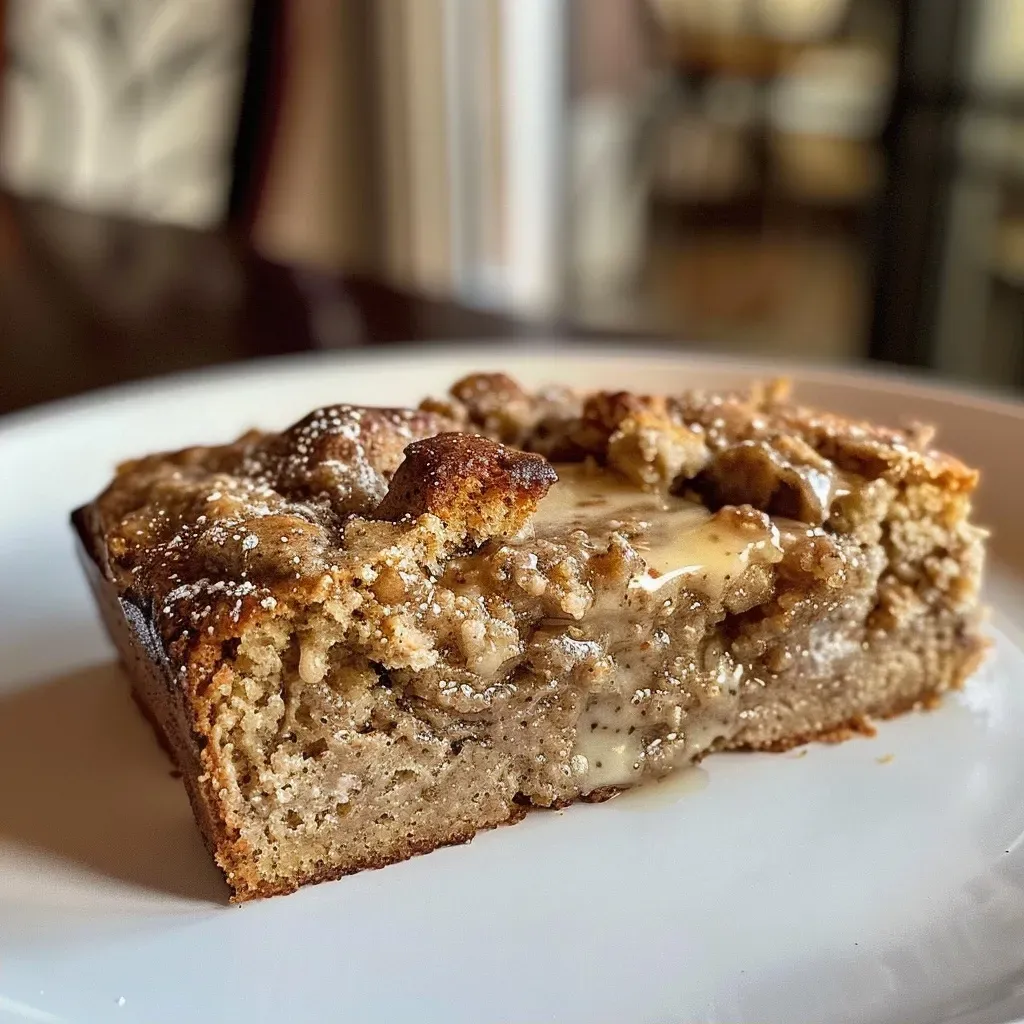 ['A close-up side view of a slice of healthy coffee cake topped with a creamy frosting.', 'A moist, golden-brown healthy coffee cake slice, showcasing its rich texture and ingredients.', 'A beautifully lit close-up of healthy coffee cake, highlighting its delicious, layered appearance.', 'A vibrant slice of healthy coffee cake with visible pieces of banana and a sprinkle of cinnamon on top.']