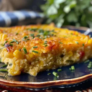 ['Close-up view of a healthy corn casserole topped with cheese and chives.', 'Side view of a golden corn casserole with visible ingredients like corn and red bell pepper.', 'Healthy corn casserole served in a dish, showcasing a cheesy and vibrant appearance.', 'Juicy corn casserole garnished with chives, highlighting its rich texture and color.']