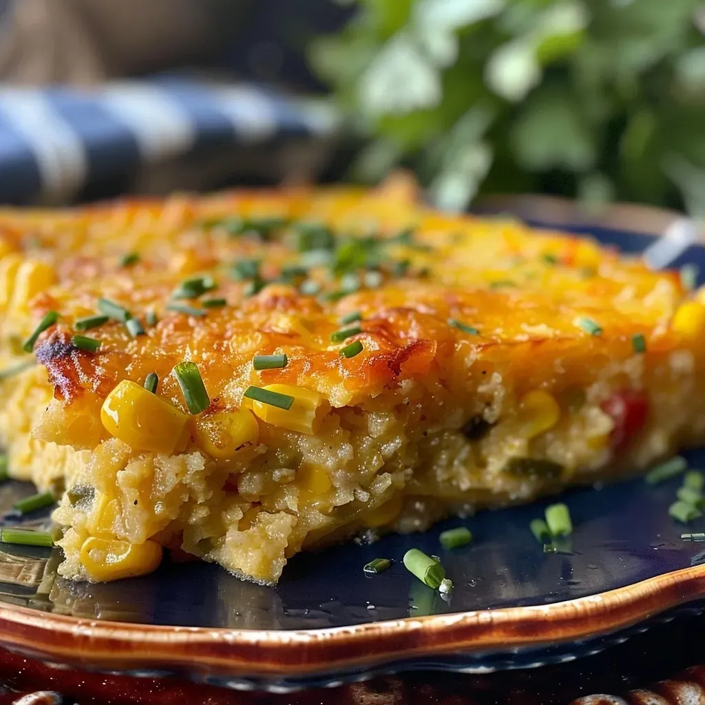 ['Close-up view of a healthy corn casserole topped with cheese and chives.', 'Side view of a golden corn casserole with visible ingredients like corn and red bell pepper.', 'Healthy corn casserole served in a dish, showcasing a cheesy and vibrant appearance.', 'Juicy corn casserole garnished with chives, highlighting its rich texture and color.']