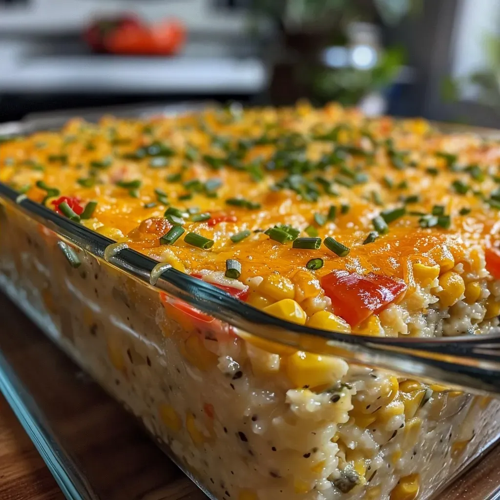 ['Close-up view of a healthy corn casserole topped with cheese and chives.', 'Side view of a golden corn casserole with visible ingredients like corn and red bell pepper.', 'Healthy corn casserole served in a dish, showcasing a cheesy and vibrant appearance.', 'Juicy corn casserole garnished with chives, highlighting its rich texture and color.']