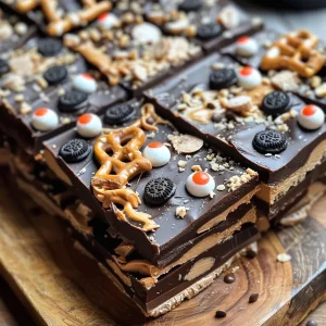 ['Close-up view of Healthy Halloween Bark with chocolate, peanut butter, and candy eyeballs.', 'Side angle of Healthy Halloween Bark featuring chocolate layers and festive toppings.', 'Delicious Healthy Halloween Bark displayed with pretzel twists and mini Oreos.', 'Colorful Healthy Halloween Bark showcasing protein-rich ingredients and Halloween decorations.']