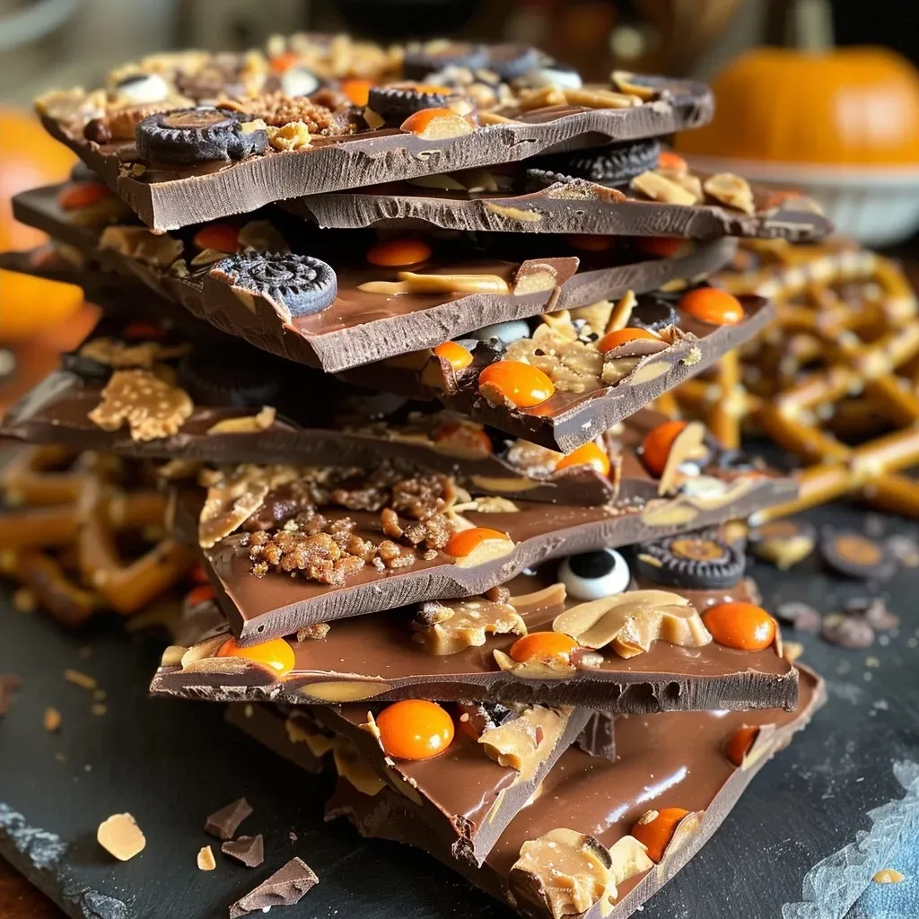 ['Close-up view of Healthy Halloween Bark with chocolate, peanut butter, and candy eyeballs.', 'Side angle of Healthy Halloween Bark featuring chocolate layers and festive toppings.', 'Delicious Healthy Halloween Bark displayed with pretzel twists and mini Oreos.', 'Colorful Healthy Halloween Bark showcasing protein-rich ingredients and Halloween decorations.']