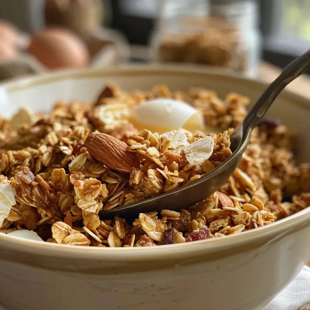 ['Close-up view of a bowl filled with healthy homemade granola.', 'Side angle of an appetizing bowl of crunchy granola featuring oats and rice cereal.', 'Detailed image of delicious granola with nuts and a honey glaze in a rustic bowl.', 'Mouth-watering homemade granola sprinkled with cinnamon and served in a glass jar.']